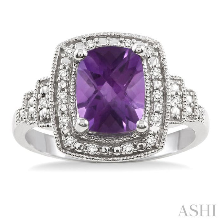 9x7 MM Cushion Shape Amethyst and 1/10 Ctw Single Cut Diamond Ring in Sterling Silver 9x7 MM Cushion Shape Amethyst and 1/10 Ctw Single Cut Diamond Ring in Sterling Silver