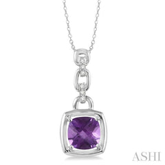 8x8 MM Cushion Checker Amethyst and 1/20 Ctw Single Cut Diamond Pendant in Sterling Silver with Chain 8x8 MM Cushion Checker Amethyst and 1/20 Ctw Single Cut Diamond Pendant in Sterling Silver with Chain