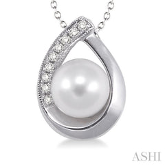 6.5 MM Cultured Pearl and 1/20 Ctw Single Cut Diamond Pendant in Sterling Silver with chain 6.5 MM Cultured Pearl and 1/20 Ctw Single Cut Diamond Pendant in Sterling Silver with chain