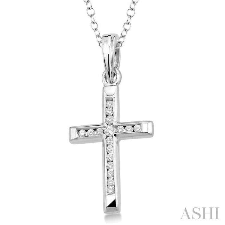 1/10 Ctw Round Cut Diamond Channel Cross Pendant in Sterling Silver with Chain 1/10 Ctw Round Cut Diamond Channel Cross Pendant in Sterling Silver with Chain