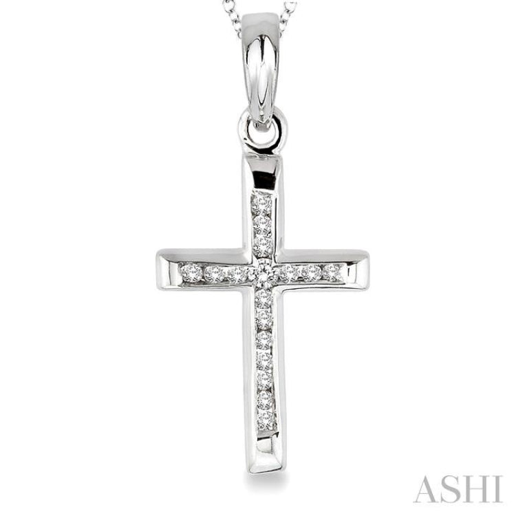 1/10 Ctw Round Cut Diamond Channel Cross Pendant in Sterling Silver with Chain 1/10 Ctw Round Cut Diamond Channel Cross Pendant in Sterling Silver with Chain