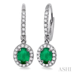 5x3 MM Oval Cut Emerald and 1/4 Ctw Round Cut Diamond Earrings in 14K White Gold 5x3 MM Oval Cut Emerald and 1/4 Ctw Round Cut Diamond Earrings in 14K White Gold