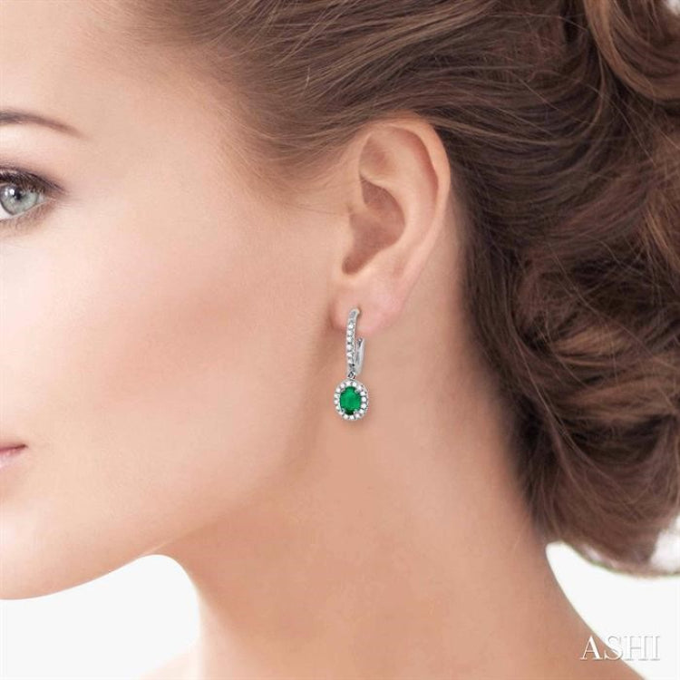 5x3 MM Oval Cut Emerald and 1/4 Ctw Round Cut Diamond Earrings in 14K White Gold 5x3 MM Oval Cut Emerald and 1/4 Ctw Round Cut Diamond Earrings in 14K White Gold