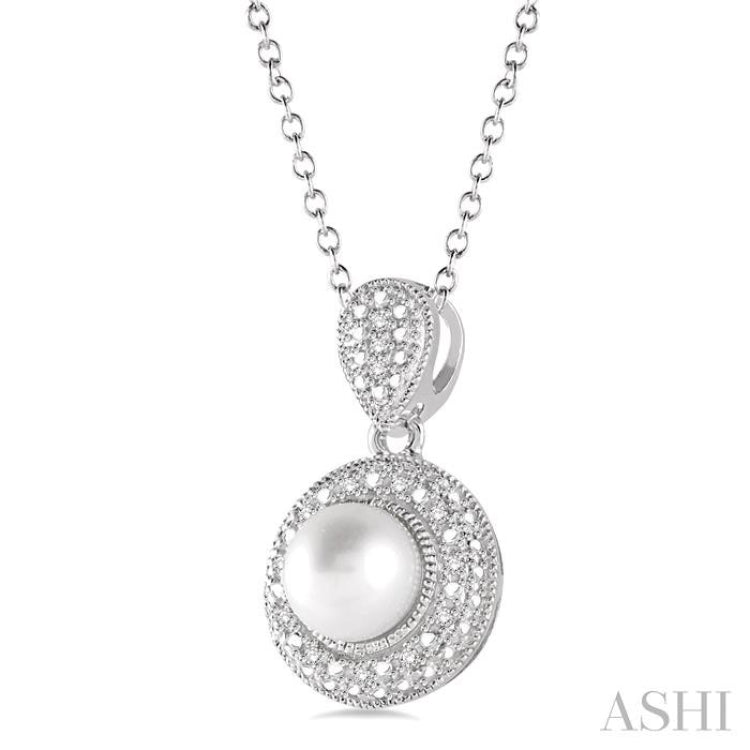 6.5x6.5 MM Cultured Pearl and 1/20 Ctw Single Cut Diamond Pendant in Sterling Silver with Chain 6.5x6.5 MM Cultured Pearl and 1/20 Ctw Single Cut Diamond Pendant in Sterling Silver with Chain