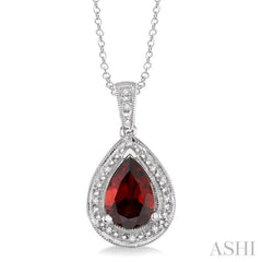 10x7 MM Pear Shape Garnet and 1/20 Ctw Single Cut Diamond Pendant in Sterling Silver with chain 10x7 MM Pear Shape Garnet and 1/20 Ctw Single Cut Diamond Pendant in Sterling Silver with chain
