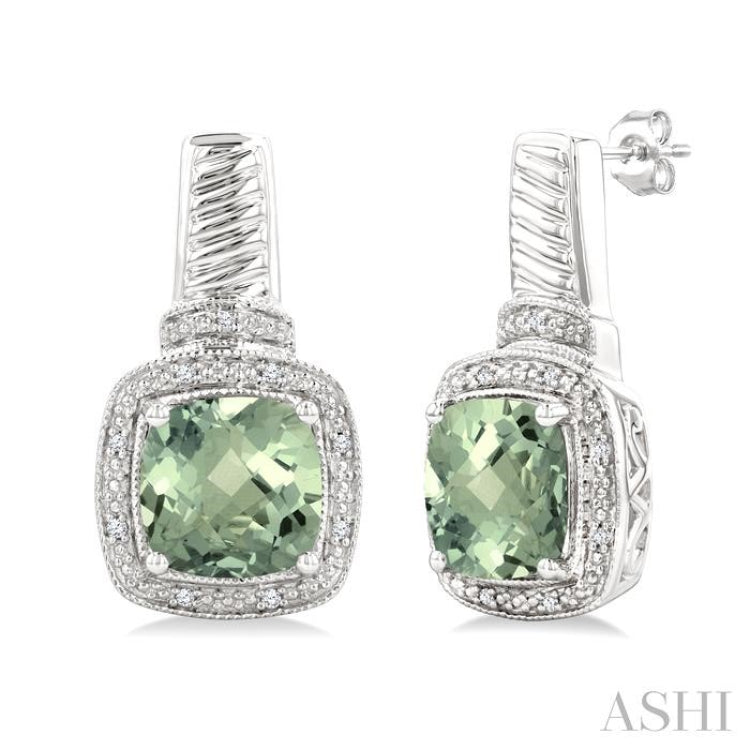 8x8 MM Cushion Shape Green Amethyst and 1/20 ctw Single Cut Diamond Earrings in Sterling Silver 8x8 MM Cushion Shape Green Amethyst and 1/20 ctw Single Cut Diamond Earrings in Sterling Silver