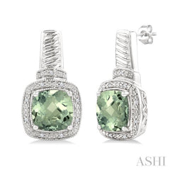 8x8 MM Cushion Shape Green Amethyst and 1/20 ctw Single Cut Diamond Earrings in Sterling Silver 8x8 MM Cushion Shape Green Amethyst and 1/20 ctw Single Cut Diamond Earrings in Sterling Silver