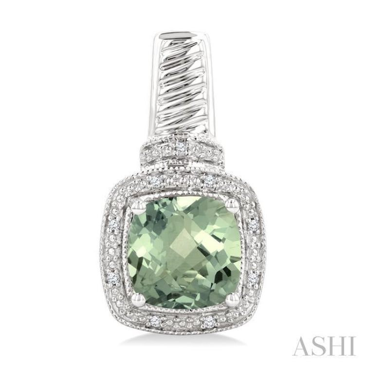 8x8 MM Cushion Shape Green Amethyst and 1/20 ctw Single Cut Diamond Earrings in Sterling Silver 8x8 MM Cushion Shape Green Amethyst and 1/20 ctw Single Cut Diamond Earrings in Sterling Silver