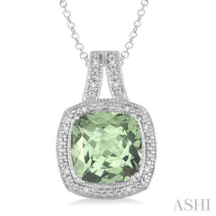 10x10 MM Cushion Shape Green Amethyst and 1/20 Ctw Single Cut Diamond Pendant in Sterling Silver with Chain 10x10 MM Cushion Shape Green Amethyst and 1/20 Ctw Single Cut Diamond Pendant in Sterling Silver with Chain