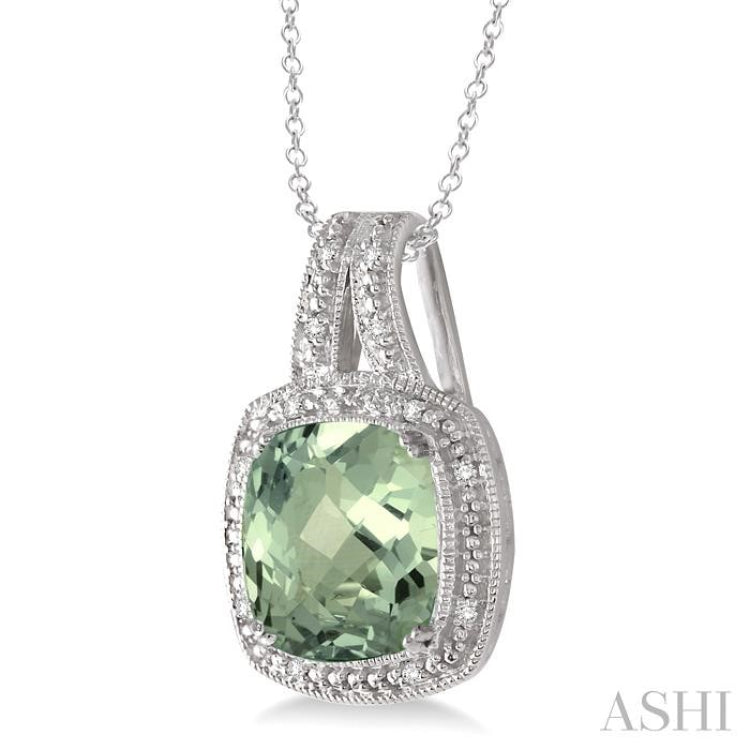 10x10 MM Cushion Shape Green Amethyst and 1/20 Ctw Single Cut Diamond Pendant in Sterling Silver with Chain 10x10 MM Cushion Shape Green Amethyst and 1/20 Ctw Single Cut Diamond Pendant in Sterling Silver with Chain