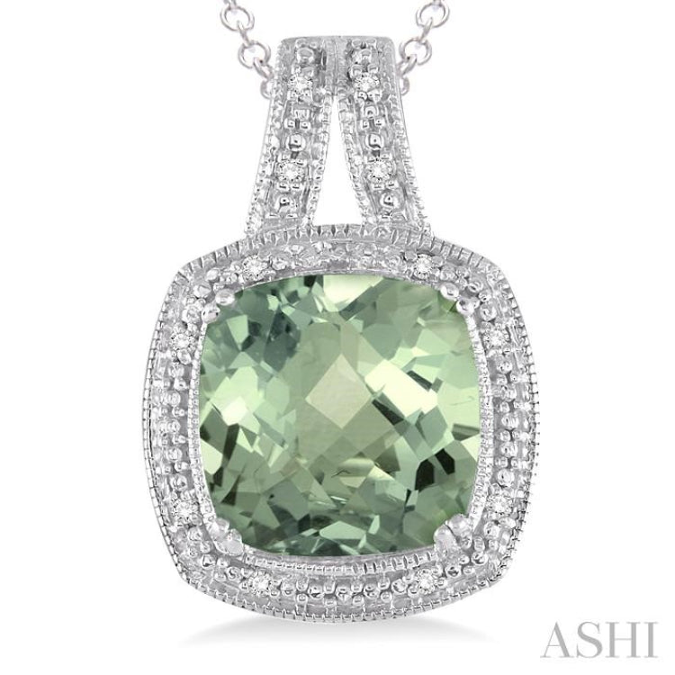 10x10 MM Cushion Shape Green Amethyst and 1/20 Ctw Single Cut Diamond Pendant in Sterling Silver with Chain 10x10 MM Cushion Shape Green Amethyst and 1/20 Ctw Single Cut Diamond Pendant in Sterling Silver with Chain