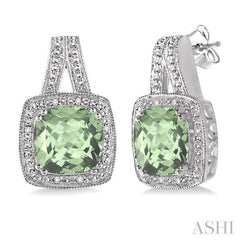 8x8 MM Cushion Shape Green Amethyst and 1/20 ctw Single Cut Diamond Earrings in Sterling Silver 8x8 MM Cushion Shape Green Amethyst and 1/20 ctw Single Cut Diamond Earrings in Sterling Silver