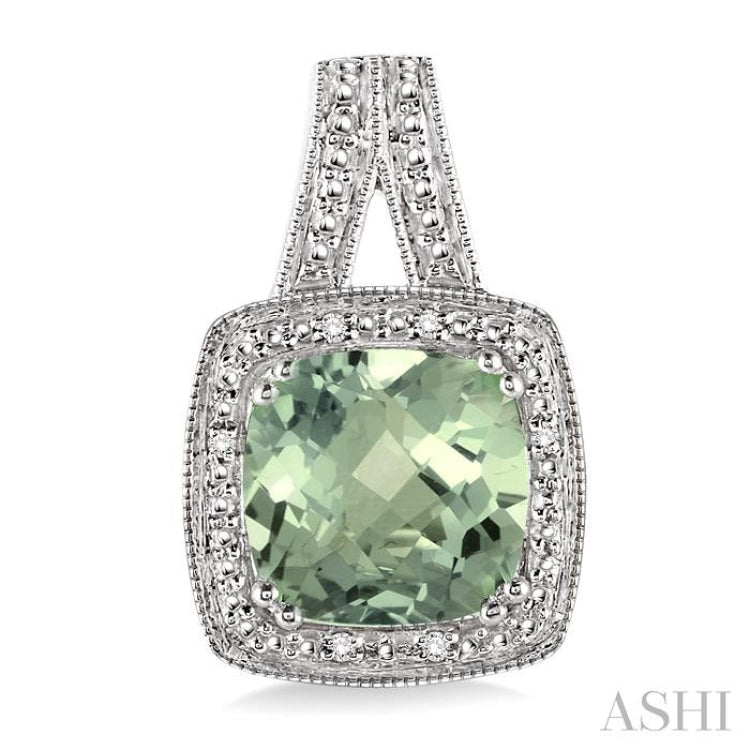 8x8 MM Cushion Shape Green Amethyst and 1/20 ctw Single Cut Diamond Earrings in Sterling Silver 8x8 MM Cushion Shape Green Amethyst and 1/20 ctw Single Cut Diamond Earrings in Sterling Silver