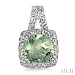 8x8 MM Cushion Shape Green Amethyst and 1/20 ctw Single Cut Diamond Earrings in Sterling Silver 8x8 MM Cushion Shape Green Amethyst and 1/20 ctw Single Cut Diamond Earrings in Sterling Silver