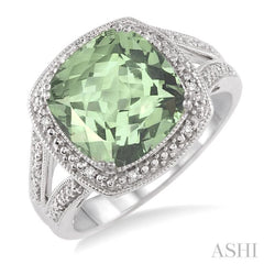 10x10 MM Cushion Shape Green Amethyst and 1/20 Ctw Single Cut Diamond Ring in Sterling Silver 10x10 MM Cushion Shape Green Amethyst and 1/20 Ctw Single Cut Diamond Ring in Sterling Silver