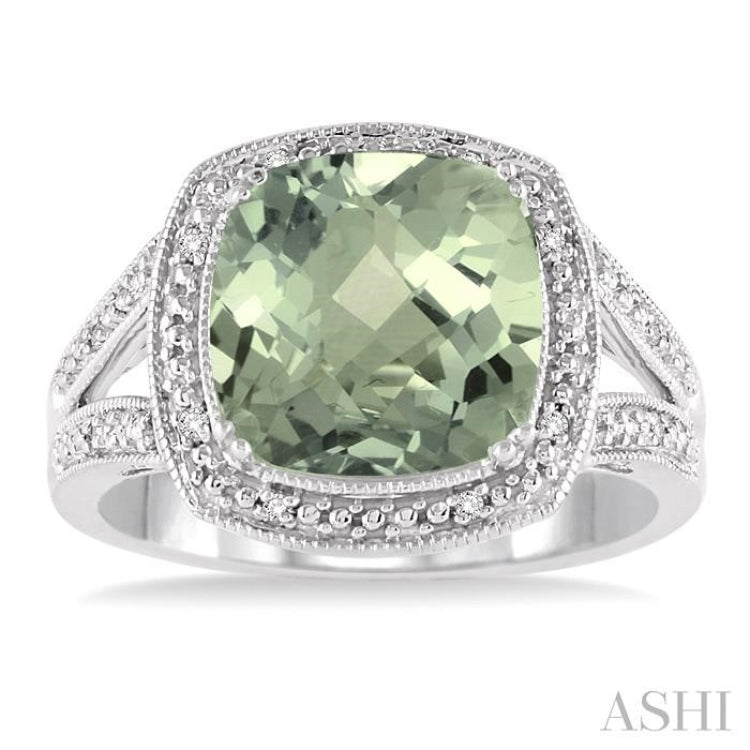 10x10 MM Cushion Shape Green Amethyst and 1/20 Ctw Single Cut Diamond Ring in Sterling Silver 10x10 MM Cushion Shape Green Amethyst and 1/20 Ctw Single Cut Diamond Ring in Sterling Silver