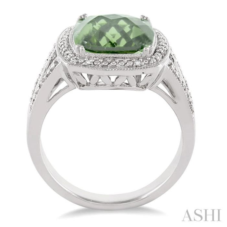 10x10 MM Cushion Shape Green Amethyst and 1/20 Ctw Single Cut Diamond Ring in Sterling Silver 10x10 MM Cushion Shape Green Amethyst and 1/20 Ctw Single Cut Diamond Ring in Sterling Silver
