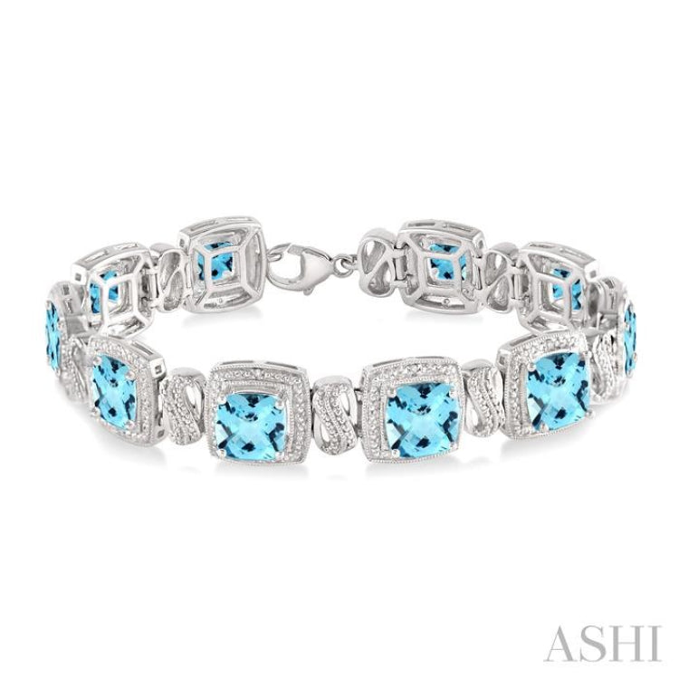 7x7 MM Cushion Shape Blue Topaz and 1/10 Ctw Single Cut Diamond Square Shape Bracelet in Sterling Silver 7x7 MM Cushion Shape Blue Topaz and 1/10 Ctw Single Cut Diamond Square Shape Bracelet in Sterling Silver