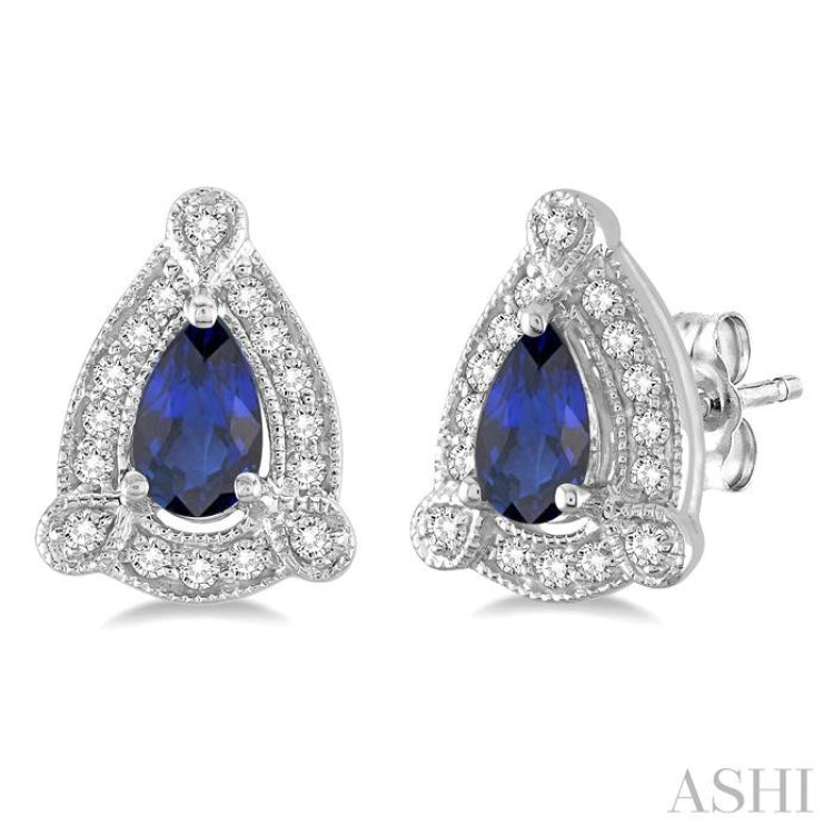 5x3 MM Pear Shape Sapphire and 1/6 Ctw Round Cut Diamond Earrings in 14K White Gold 5x3 MM Pear Shape Sapphire and 1/6 Ctw Round Cut Diamond Earrings in 14K White Gold