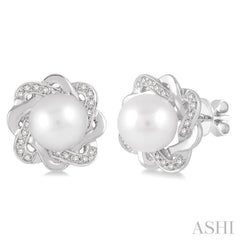 6x6 MM Round Shape Cultured Pearls and 1/10 ctw Round Cut Diamond Earrings in Sterling Silver 6x6 MM Round Shape Cultured Pearls and 1/10 ctw Round Cut Diamond Earrings in Sterling Silver