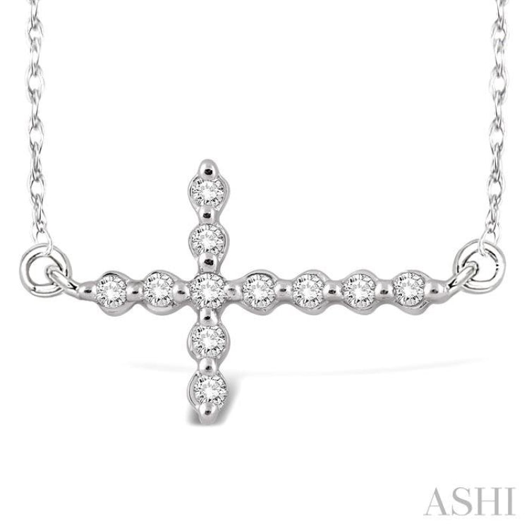 1/10 Ctw Round Cut Sideway Cross Pendant in 10K White Gold with Chain 1/10 Ctw Round Cut Sideway Cross Pendant in 10K White Gold with Chain