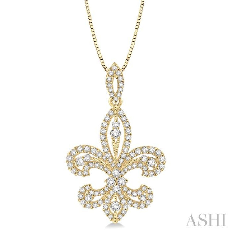 1 Ctw Round Cut Diamond Fleur De Lis Diamond Pendant in 14K Yellow Gold with Chain 1 Ctw Round Cut Diamond Fleur De Lis Diamond Pendant in 14K Yellow Gold with Chain