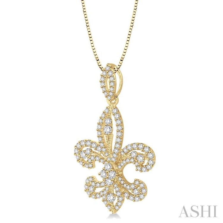 1 Ctw Round Cut Diamond Fleur De Lis Diamond Pendant in 14K Yellow Gold with Chain 1 Ctw Round Cut Diamond Fleur De Lis Diamond Pendant in 14K Yellow Gold with Chain