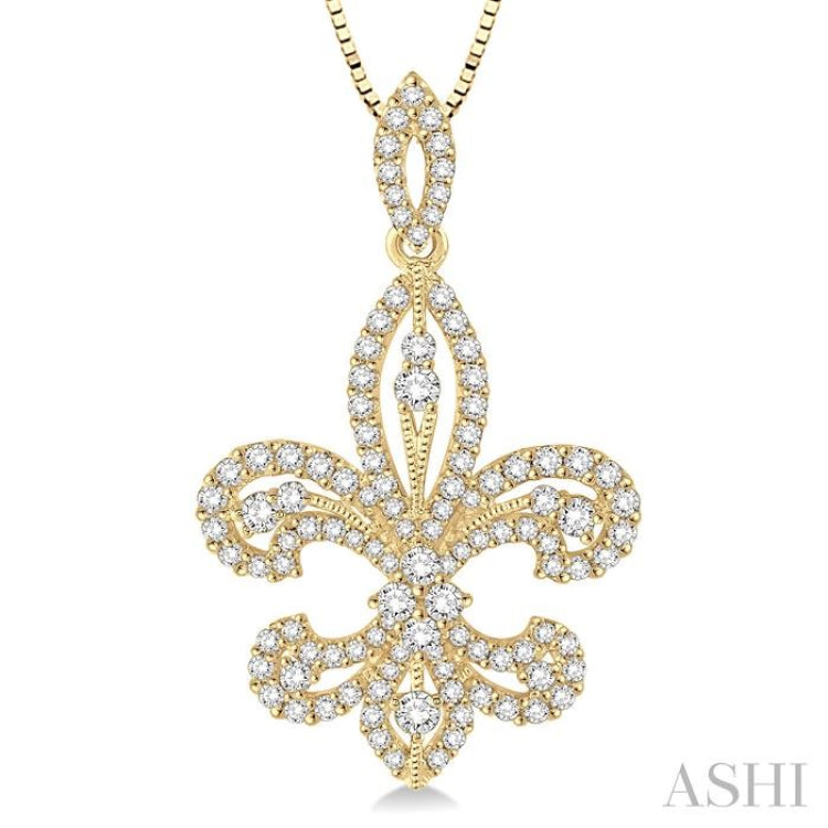 1 Ctw Round Cut Diamond Fleur De Lis Diamond Pendant in 14K Yellow Gold with Chain 1 Ctw Round Cut Diamond Fleur De Lis Diamond Pendant in 14K Yellow Gold with Chain