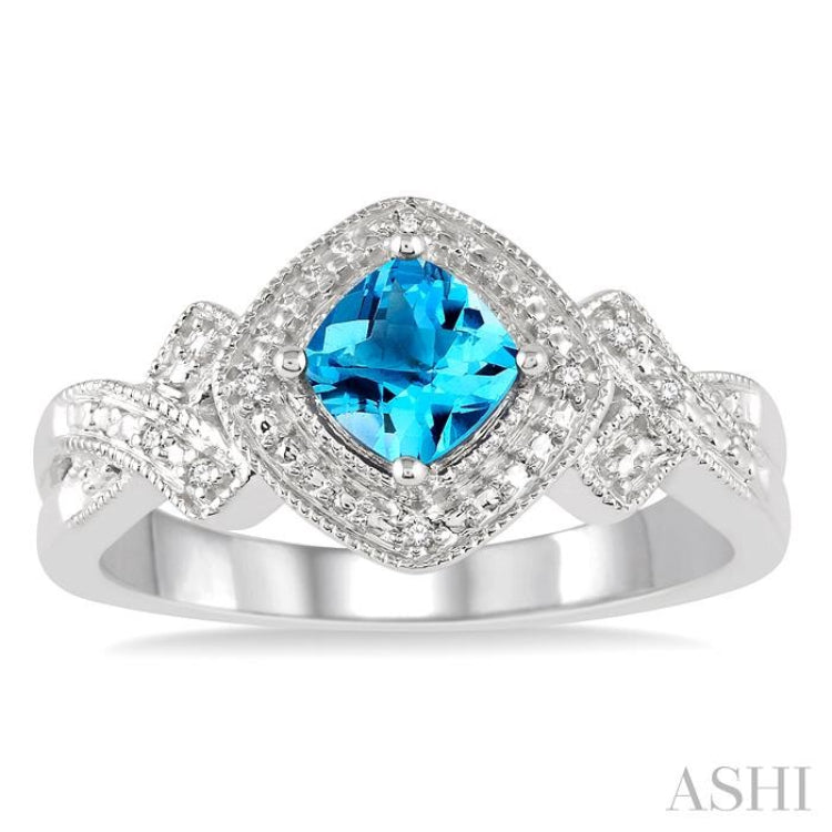 5x5 MM Cushion Shape Blue Topaz and 1/50 Ctw Round Cut Diamond Sterling Silver Ring 5x5 MM Cushion Shape Blue Topaz and 1/50 Ctw Round Cut Diamond Sterling Silver Ring
