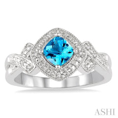5x5 MM Cushion Shape Blue Topaz and 1/50 Ctw Round Cut Diamond Sterling Silver Ring 5x5 MM Cushion Shape Blue Topaz and 1/50 Ctw Round Cut Diamond Sterling Silver Ring