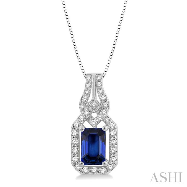 6x4 MM Emerald Shape Sapphire and 1/5 Ctw Interlocking Round Cut Diamond Precious Pendant With Chain in 14K White Gold 6x4 MM Emerald Shape Sapphire and 1/5 Ctw Interlocking Round Cut Diamond Precious Pendant With Chain in 14K White Gold