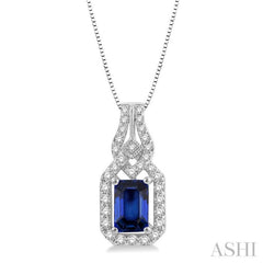 6x4 MM Emerald Shape Sapphire and 1/5 Ctw Interlocking Round Cut Diamond Precious Pendant With Chain in 14K White Gold 6x4 MM Emerald Shape Sapphire and 1/5 Ctw Interlocking Round Cut Diamond Precious Pendant With Chain in 14K White Gold