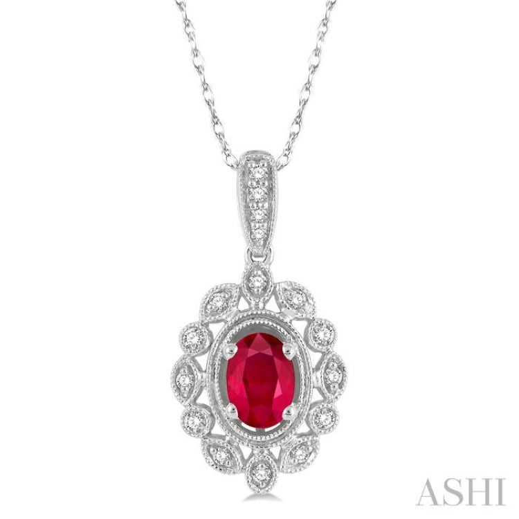 6x4 MM Oval Cut Ruby and 1/8 Ctw Lattice Round Cut Diamond Precious Pendant With Chain in 10K White Gold 6x4 MM Oval Cut Ruby and 1/8 Ctw Lattice Round Cut Diamond Precious Pendant With Chain in 10K White Gold