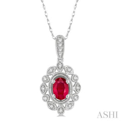 6x4 MM Oval Cut Ruby and 1/8 Ctw Lattice Round Cut Diamond Precious Pendant With Chain in 10K White Gold 6x4 MM Oval Cut Ruby and 1/8 Ctw Lattice Round Cut Diamond Precious Pendant With Chain in 10K White Gold