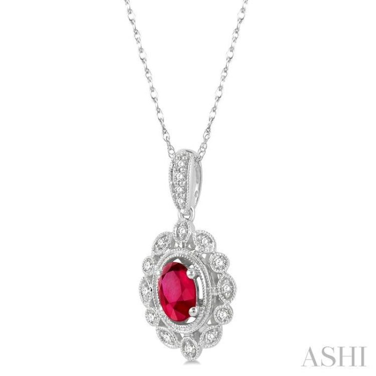 6x4 MM Oval Cut Ruby and 1/8 Ctw Lattice Round Cut Diamond Precious Pendant With Chain in 10K White Gold 6x4 MM Oval Cut Ruby and 1/8 Ctw Lattice Round Cut Diamond Precious Pendant With Chain in 10K White Gold