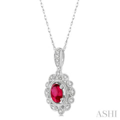 6x4 MM Oval Cut Ruby and 1/8 Ctw Lattice Round Cut Diamond Precious Pendant With Chain in 10K White Gold 6x4 MM Oval Cut Ruby and 1/8 Ctw Lattice Round Cut Diamond Precious Pendant With Chain in 10K White Gold