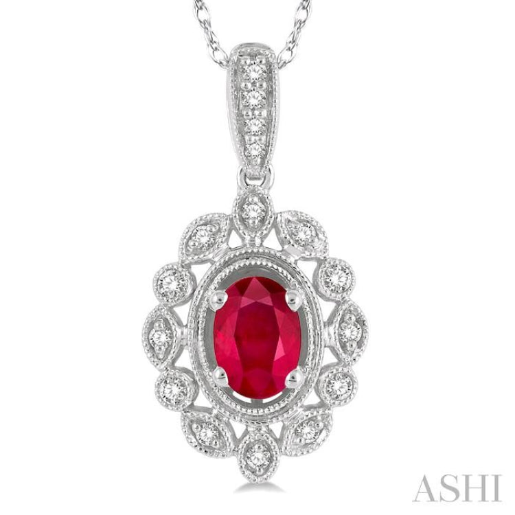 6x4 MM Oval Cut Ruby and 1/8 Ctw Lattice Round Cut Diamond Precious Pendant With Chain in 10K White Gold 6x4 MM Oval Cut Ruby and 1/8 Ctw Lattice Round Cut Diamond Precious Pendant With Chain in 10K White Gold