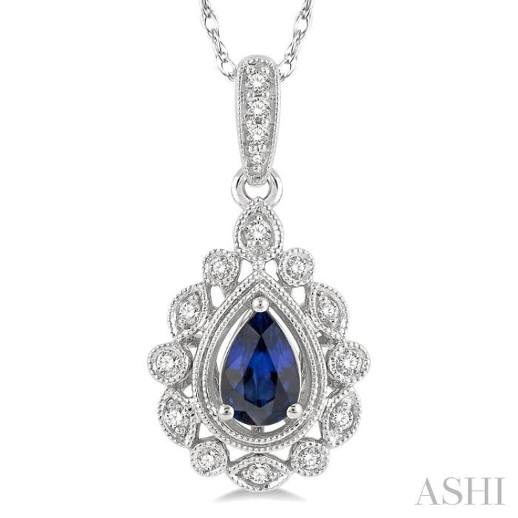 6x4 MM Pear Cut Sapphire and 1/8 Ctw Lattice Round Cut Diamond Precious Pendant With Chain in 10K White Gold 6x4 MM Pear Cut Sapphire and 1/8 Ctw Lattice Round Cut Diamond Precious Pendant With Chain in 10K White Gold