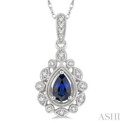 6x4 MM Pear Cut Sapphire and 1/8 Ctw Lattice Round Cut Diamond Precious Pendant With Chain in 10K White Gold 6x4 MM Pear Cut Sapphire and 1/8 Ctw Lattice Round Cut Diamond Precious Pendant With Chain in 10K White Gold