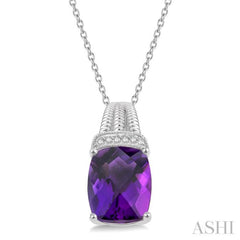 10x8 MM Cushion Shape Amethyst and 1/50 Ctw Looped Round Cut Diamond Semi-Precious Pendant With Chain in Sterling Silver 10x8 MM Cushion Shape Amethyst and 1/50 Ctw Looped Round Cut Diamond Semi-Precious Pendant With Chain in Sterling Silver