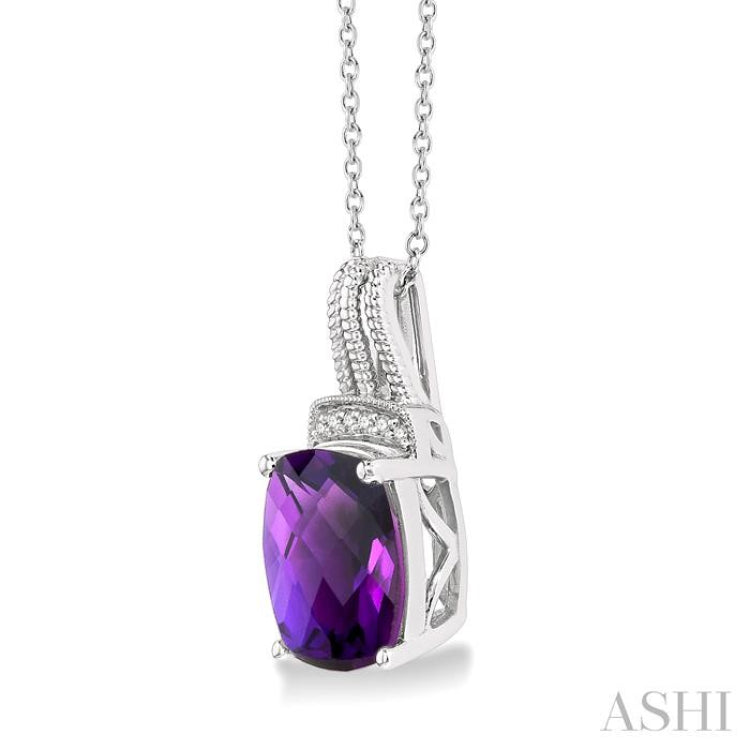10x8 MM Cushion Shape Amethyst and 1/50 Ctw Looped Round Cut Diamond Semi-Precious Pendant With Chain in Sterling Silver 10x8 MM Cushion Shape Amethyst and 1/50 Ctw Looped Round Cut Diamond Semi-Precious Pendant With Chain in Sterling Silver