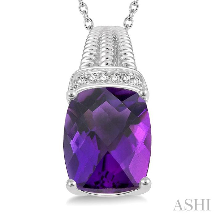 10x8 MM Cushion Shape Amethyst and 1/50 Ctw Looped Round Cut Diamond Semi-Precious Pendant With Chain in Sterling Silver 10x8 MM Cushion Shape Amethyst and 1/50 Ctw Looped Round Cut Diamond Semi-Precious Pendant With Chain in Sterling Silver