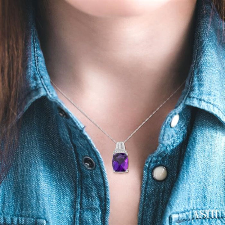 10x8 MM Cushion Shape Amethyst and 1/50 Ctw Looped Round Cut Diamond Semi-Precious Pendant With Chain in Sterling Silver 10x8 MM Cushion Shape Amethyst and 1/50 Ctw Looped Round Cut Diamond Semi-Precious Pendant With Chain in Sterling Silver