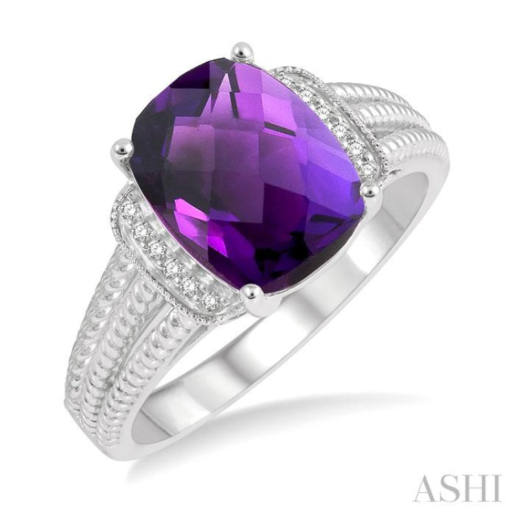 10x8 MM Cushion Shape Amethyst and 1/20 Ctw Round Cut Diamond Semi-Precious Ring in Sterling Silver 10x8 MM Cushion Shape Amethyst and 1/20 Ctw Round Cut Diamond Semi-Precious Ring in Sterling Silver