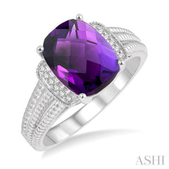 10x8 MM Cushion Shape Amethyst and 1/20 Ctw Round Cut Diamond Semi-Precious Ring in Sterling Silver 10x8 MM Cushion Shape Amethyst and 1/20 Ctw Round Cut Diamond Semi-Precious Ring in Sterling Silver