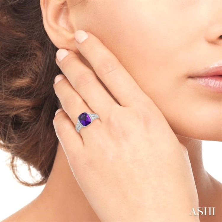 10x8 MM Cushion Shape Amethyst and 1/20 Ctw Round Cut Diamond Semi-Precious Ring in Sterling Silver 10x8 MM Cushion Shape Amethyst and 1/20 Ctw Round Cut Diamond Semi-Precious Ring in Sterling Silver