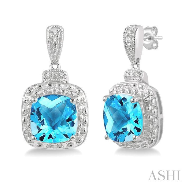 8x8 MM Cushion Shape Blue Topaz and 1/50 ctw Round Cut Diamond Semi-Precious Earring in Sterling Silver 8x8 MM Cushion Shape Blue Topaz and 1/50 ctw Round Cut Diamond Semi-Precious Earring in Sterling Silver