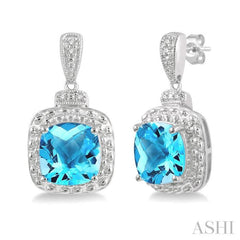 8x8 MM Cushion Shape Blue Topaz and 1/50 ctw Round Cut Diamond Semi-Precious Earring in Sterling Silver 8x8 MM Cushion Shape Blue Topaz and 1/50 ctw Round Cut Diamond Semi-Precious Earring in Sterling Silver