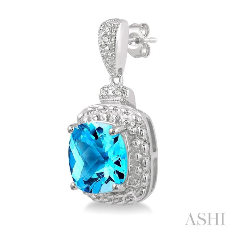 8x8 MM Cushion Shape Blue Topaz and 1/50 ctw Round Cut Diamond Semi-Precious Earring in Sterling Silver 8x8 MM Cushion Shape Blue Topaz and 1/50 ctw Round Cut Diamond Semi-Precious Earring in Sterling Silver