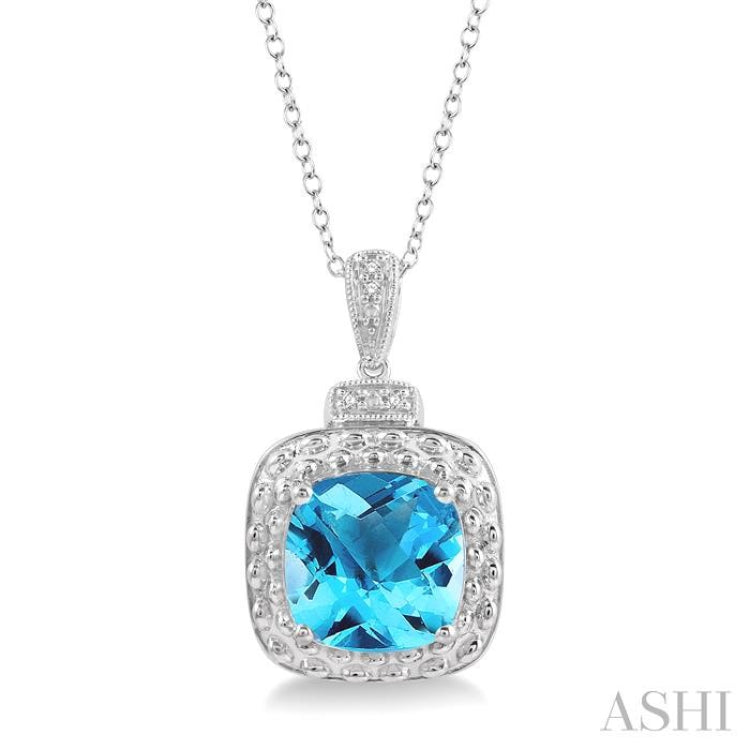 10x10 MM Cushion Shape Blue Topaz and 1/50 Ctw Round Cut Diamond Semi-Precious Pendant With Chain in Sterling Silver 10x10 MM Cushion Shape Blue Topaz and 1/50 Ctw Round Cut Diamond Semi-Precious Pendant With Chain in Sterling Silver